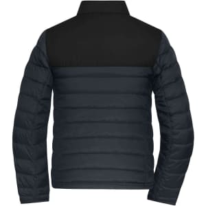 A ladies padded puffer jacket featuring a black top section and navy blue body, with a logo on the back.