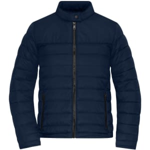 A navy padded jacket with a zip front and two side pockets, featuring a circular collar and branding.