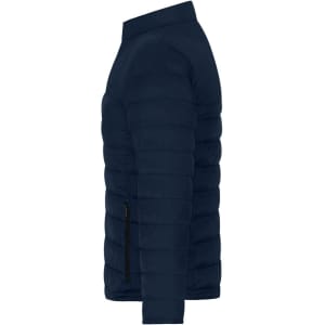 A navy blue padded jacket with a side zip pocket and a high collar, featuring a branding logo.