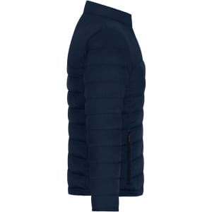 A navy blue padded jacket with a zip pocket, featuring a smooth, quilted design and a high collar.