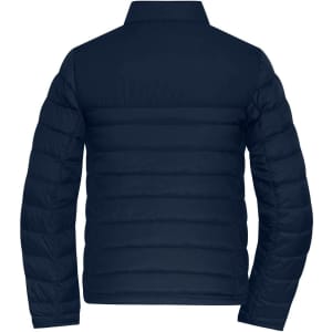 A navy padded puffer jacket featuring a quilted design and a collared neck. It has a logo on the back.