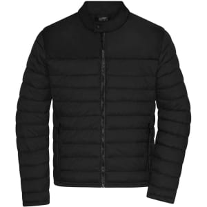 A black padded jacket featuring a zip-up front and a high collar, with a logo on the inside.
