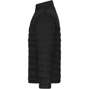 A black padded puffer jacket with a side view, featuring a zippered pocket and a sleek design.