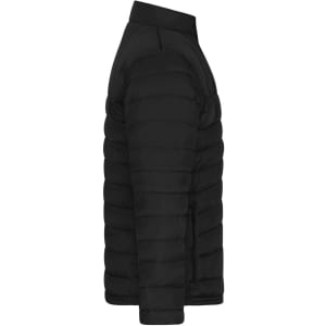 A black padded jacket with a sleek, side profile and a zippered pocket. It features a modern, minimalistic design.