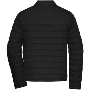 A black padded jacket with a quilted texture, featuring long sleeves and a classic collar. It has a logo on the back.