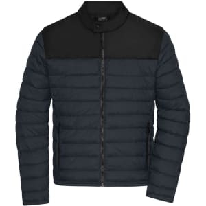 A padded men's jacket featuring a black and navy blue design with a zip front and a collar, also displaying a logo.