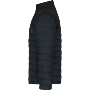 A men's padded jacket in navy with black shoulders, featuring a zip pocket on the side and a logo.