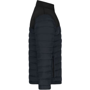 A men's padded jacket in navy blue with a black upper section and a logo on the side.