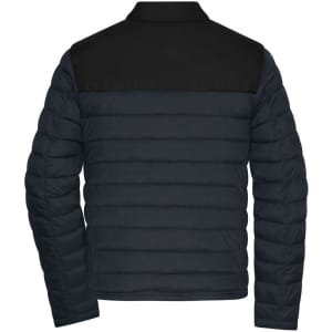 A padded jacket in navy blue with a black upper section, featuring a logo on the back.