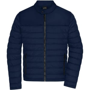 A navy padded jacket with a zip front, featuring a high collar and subtle branding.