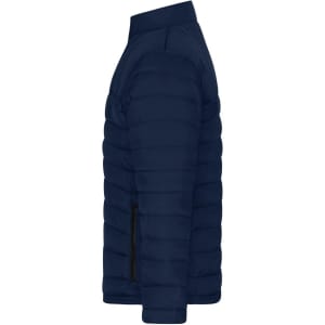 A navy men's padded jacket featuring a side zip pocket and a sleek, insulated design.
