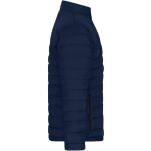 A navy padded puffer jacket with a stand-up collar and side zipper pockets. It features a brand logo.