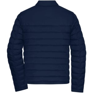A navy blue men's padded jacket features a quilted design and a collar. It includes a logo on the back.