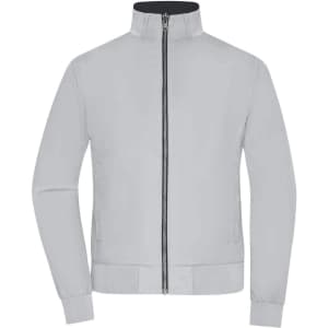 A light grey ladies blouson jacket featuring a zip closure and a high collar, with ribbed cuffs and hem.
