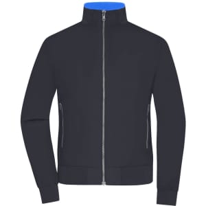 A navy blue ladies blouson jacket featuring a zippered front and side pockets. It has a high collar and fitted cuffs.