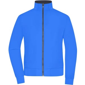A blue ladies blouson jacket with a full zip and high collar, featuring a logo.