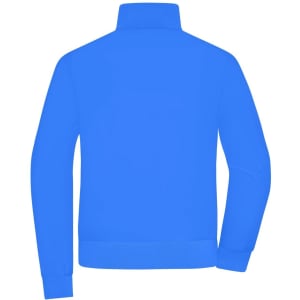 A bright blue ladies' blouson jacket with a high collar and ribbed cuffs, featuring a logo on the back.