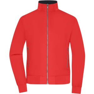 A red ladies blouson jacket with a zip closure and side pockets, featuring a black collar and a logo.