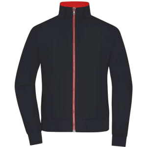 A black zip-up jacket with a red collar and zip, featuring long sleeves and a fitted design. It has a logo.