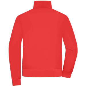 A red ladies blouson jacket with a high collar and ribbed cuff details on the sleeves and hem. It has a logo on the back.