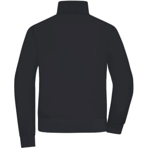 A black ladies blouson jacket featuring a high neck and long sleeves, with a logo on the back.