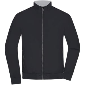 A men's black blouson jacket with a zip front and side pockets, featuring a logo on the design.