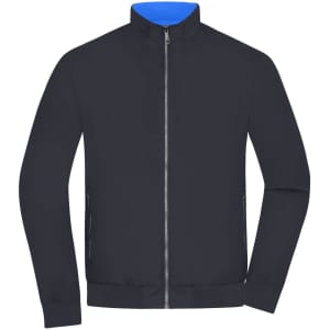 A dark navy blouson jacket with a blue collar, featuring a front zip and side pockets. It has a logo on it.