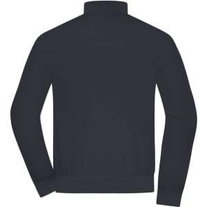 A black men's blouson jacket featuring a zippered collar and elasticised waistband, with a logo on the back.