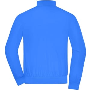 A blue men's blouson jacket with a zip-up front and ribbed cuffs, featuring a logo on the back.