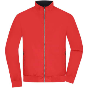 A red blouson jacket with a zip front and stand collar, featuring side pockets and a logo.