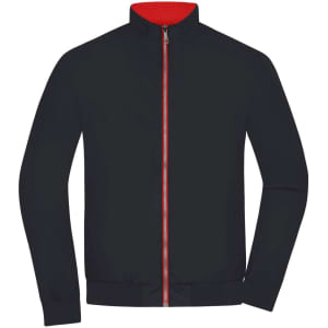 A black jacket with a red inner lining and a front zipper. It features long sleeves and a collar. Branding present.