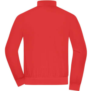 A red men's blouson jacket featuring a high collar and elasticated waistband, with a logo on the back.