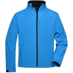 A blue men's softshell jacket with a front zipper, high collar, and a logo on the chest.