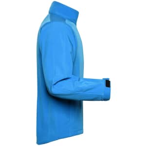 A softshell jacket in a vibrant blue colour, featuring a full-length sleeve and a high collar with a logo.