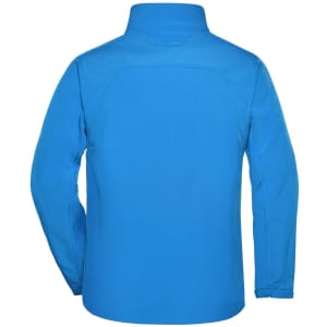 A blue men's softshell jacket with a high collar and long sleeves, featuring an unembellished back.