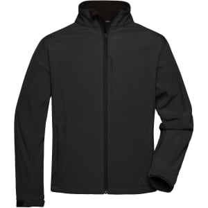 A black men's softshell jacket with a zip front and two side pockets, featuring a logo on the chest.