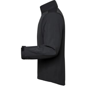 A men's softshell jacket in black, featuring a high collar and adjustable cuffs. It includes a logo on the sleeve.