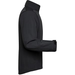 A men's softshell jacket in black, featuring long sleeves and a high collar. It has a logo on the sleeve.