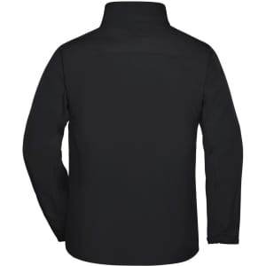 A black men's softshell jacket with a high collar and long sleeves. It features a logo on the back.