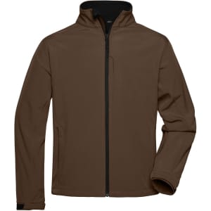 A brown men's softshell jacket with a zip front and a collar. Features long sleeves and has a logo.