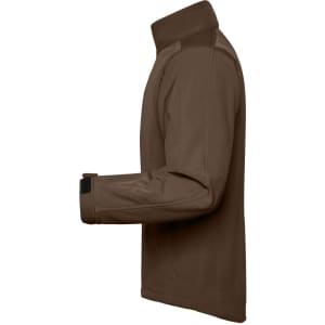 A brown men's softshell jacket with a high collar and cuffs, featuring a logo on the sleeve.