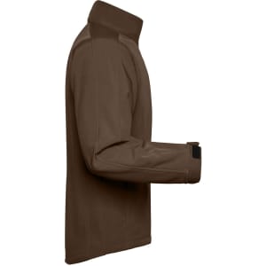 A brown men's softshell jacket displayed from the side, featuring a high collar and long sleeves.