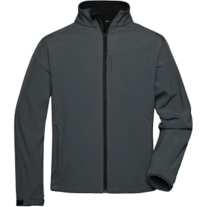 A men's softshell jacket in dark grey with a zip front and a logo on the chest.