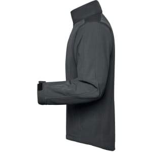 A grey men's softshell jacket with a high collar and adjustable cuffs, featuring a logo on the sleeve.