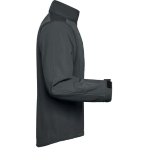 A grey men's softshell jacket displayed from the side, featuring a collar and adjustable cuffs. It has a logo on the sleeve.