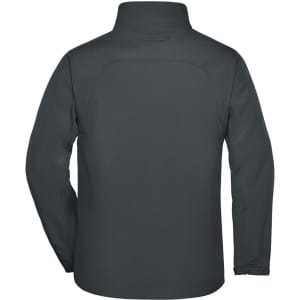 A grey men's softshell jacket featuring a high collar and a smooth back design. It has a logo.