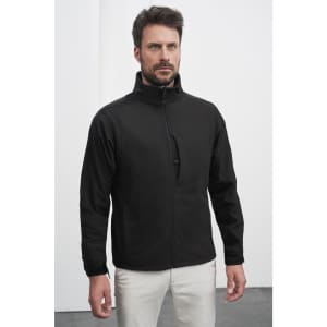 A black men's softshell jacket with a zip front and high collar, showcasing a casual and stylish design.