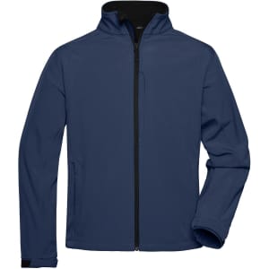 A navy men's softshell jacket with a full front zip and a standing collar, featuring a logo.
