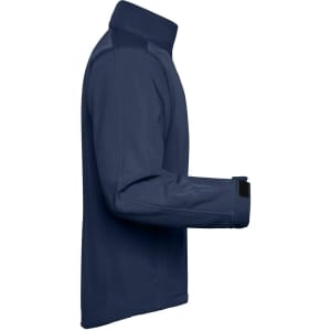 A navy men's softshell jacket with a high collar and one sleeve visible, featuring a logo on the sleeve.