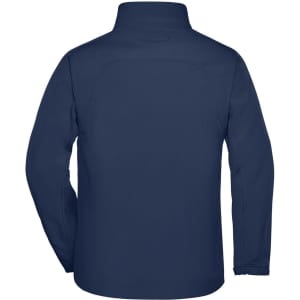A navy softshell jacket with a high collar and long sleeves, featuring a logo on the back.